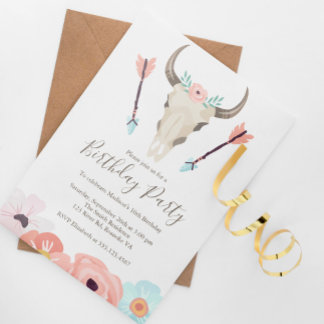 Invitación Partido de cumpleaños de Cow Skull, Moda Suroeste