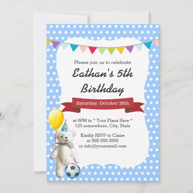Invitación Partido de cumpleaños de Cute Soccer Bear Blue Pol (Anverso)