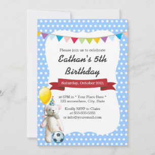 Invitación Partido de cumpleaños de Cute Soccer Bear Blue Pol