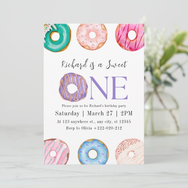 Invitación Partido de cumpleaños de Donut Pink Purple Blue (Anverso de pie)