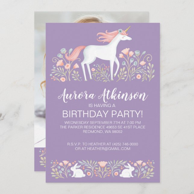 Invitación Partido de cumpleaños de fotos de Unicornio mágico (Anverso / Reverso)