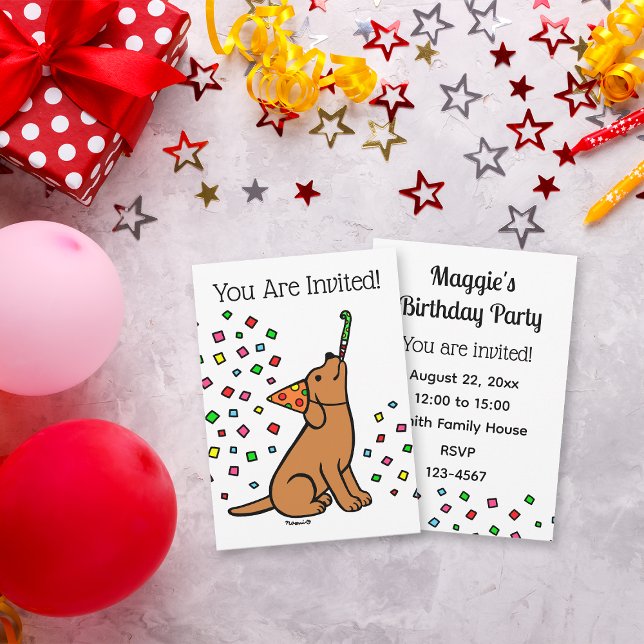 Invitación Partido de Cumpleaños de Fox Red Labrador Confetti (Fox Red Labrador Confetti Birthday Party Invitation for Labrador Owners.  Cartoon art design.)