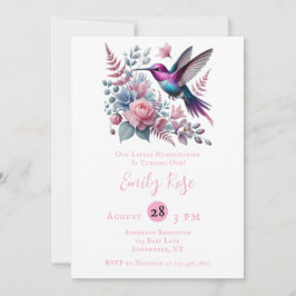 Invitación Partido de cumpleaños de Hummingbird y Blooms Rosa