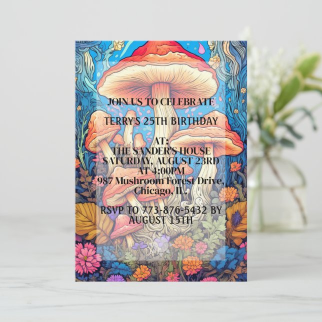 Invitación Partido de cumpleaños de Ilustracion hongo creativ (Anverso de pie)