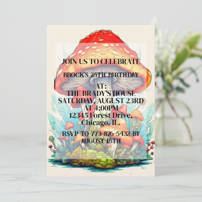 Invitación Partido de cumpleaños de Ilustracion hongo creativ (Anverso de pie)