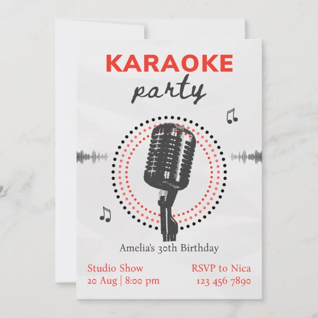Invitación Partido de cumpleaños de karaoke simple negro y bl (Anverso)