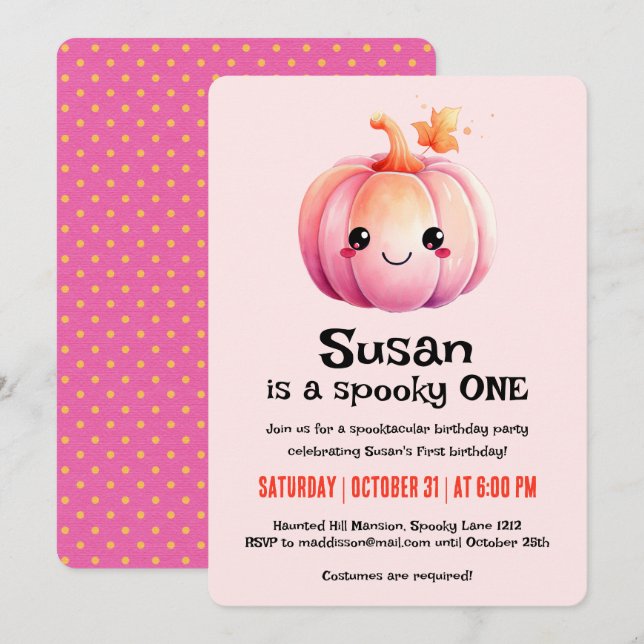 Invitación Partido de cumpleaños de Kawaii Pumpkin Halloween (Anverso / Reverso)