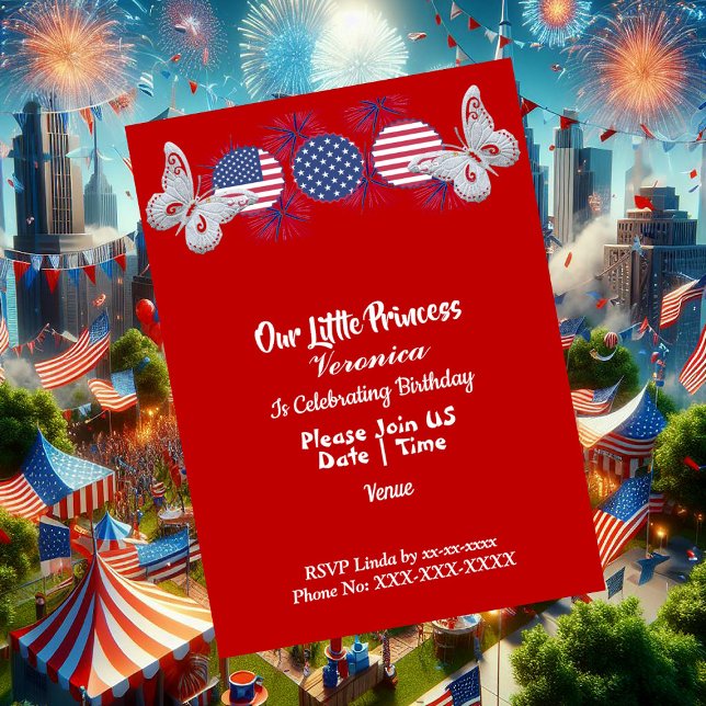 Invitación Partido de Cumpleaños de la Bandera Americana de l (Patriotic Butterfly American Flag Birthday Party Invitation)