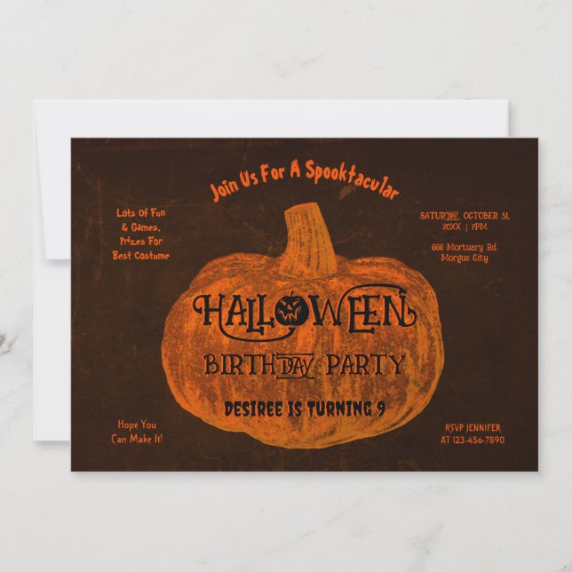 Invitación Partido de cumpleaños de la Calabaza Naranja de Ha (Anverso)