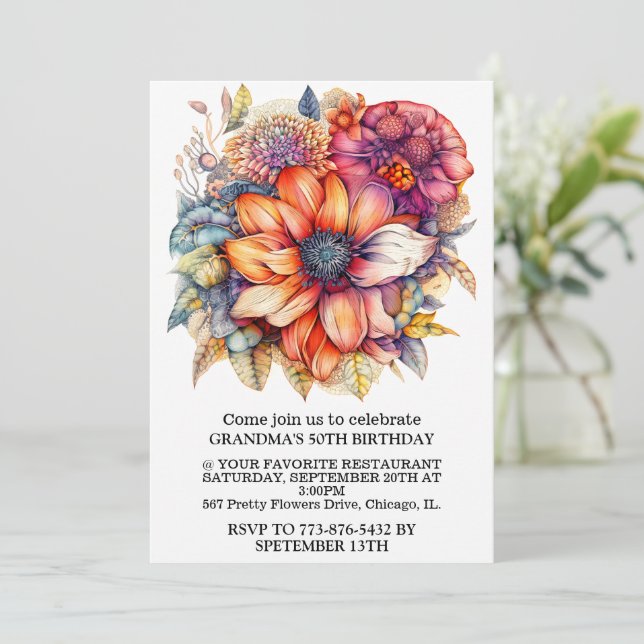 Invitación Partido de cumpleaños de la Colección de Flores Su (Anverso de pie)