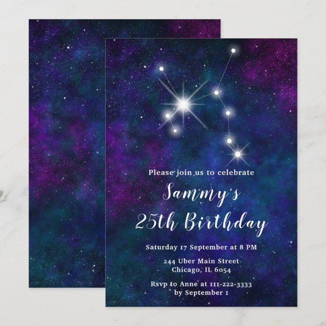 Invitación Partido de Cumpleaños de la Constelación Sagittari (Anverso / Reverso)
