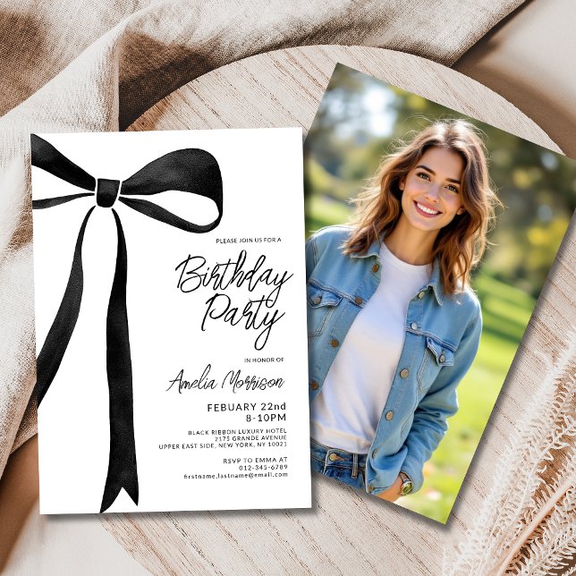 Invitación Partido de cumpleaños de la foto de Black Bow Ribb (Subido por el creador)