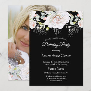 Invitación Partido de cumpleaños de la foto de Black White Fl