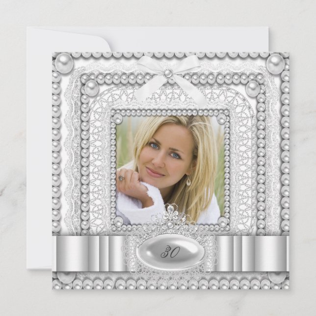 Invitación Partido de cumpleaños de la foto de White Lace Pea (Anverso)