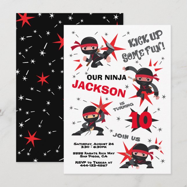 Invitación Partido de Cumpleaños de la Guerrera Ninja Karate (Anverso / Reverso)