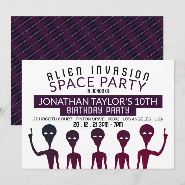 Invitación Partido de Cumpleaños de la Invasión de Alien (Anverso / Reverso)