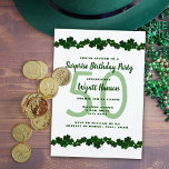 Invitación Partido de Cumpleaños de la Marcha de los Shamrock<br><div class="desc">Personalizado verde de shamrock 50ª (o cualquier edad de hitos) plantilla de invitación de fiesta de cumpleaños. Los tréboles verdes oscuros hacen bordes de arriba y de abajo en las tarjetas blancas con texto verde. La edad se muestra en grandes números en verde claro como fondo para el texto de...</div>