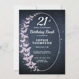 Invitación Partido de cumpleaños de la mariposa rosa de denim