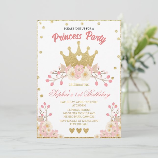 Invitación Partido de cumpleaños de la Princesa Real Floral d (Anverso de pie)