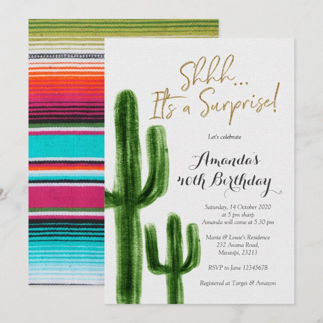 Invitación Partido de Cumpleaños de la Sorpresa Cactus Mexica (Anverso / Reverso)