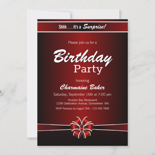Invitación Partido de Cumpleaños de la Sorpresa Negra y Roja (Anverso)