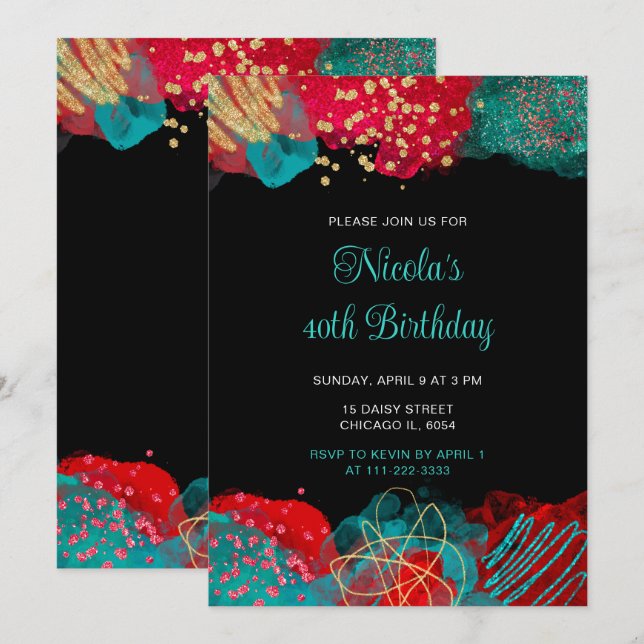 Invitación Partido de cumpleaños de la tinta azul roja y Verd (Anverso / Reverso)