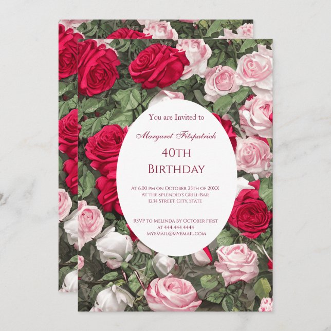 Invitación Partido de Cumpleaños de las Rosas Blancas Rojas (Anverso / Reverso)