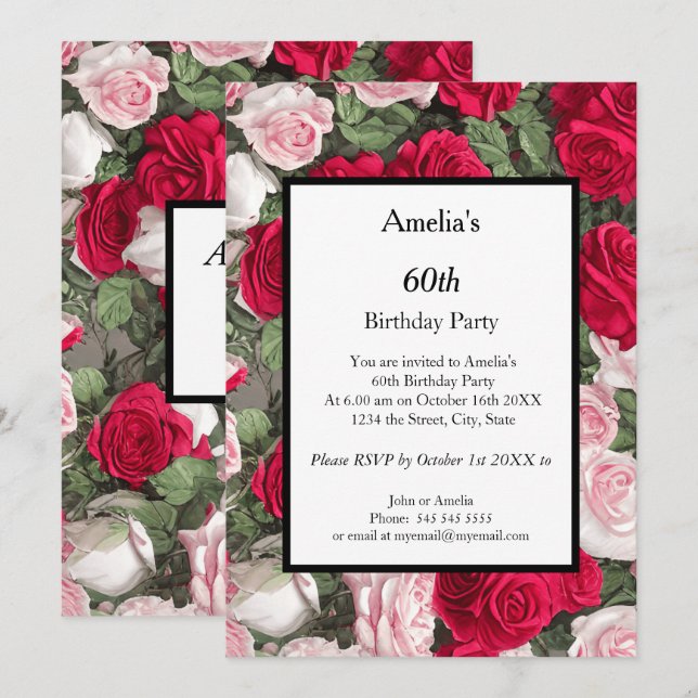 Invitación Partido de cumpleaños de las rosas rojas blancas m (Anverso / Reverso)