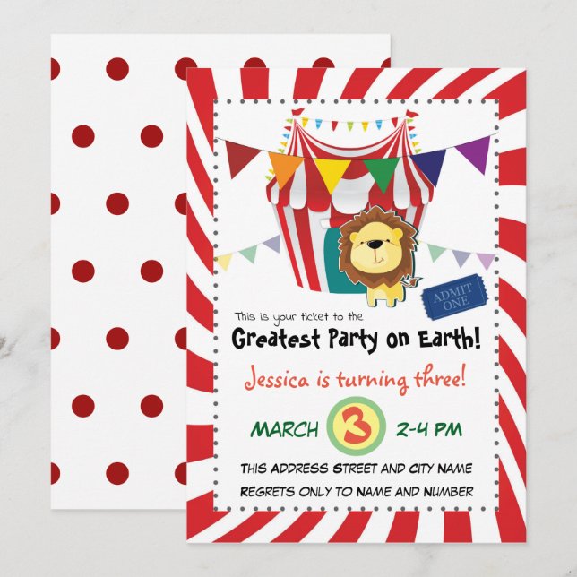 Invitación Partido de Cumpleaños de Lion Circus (Anverso / Reverso)