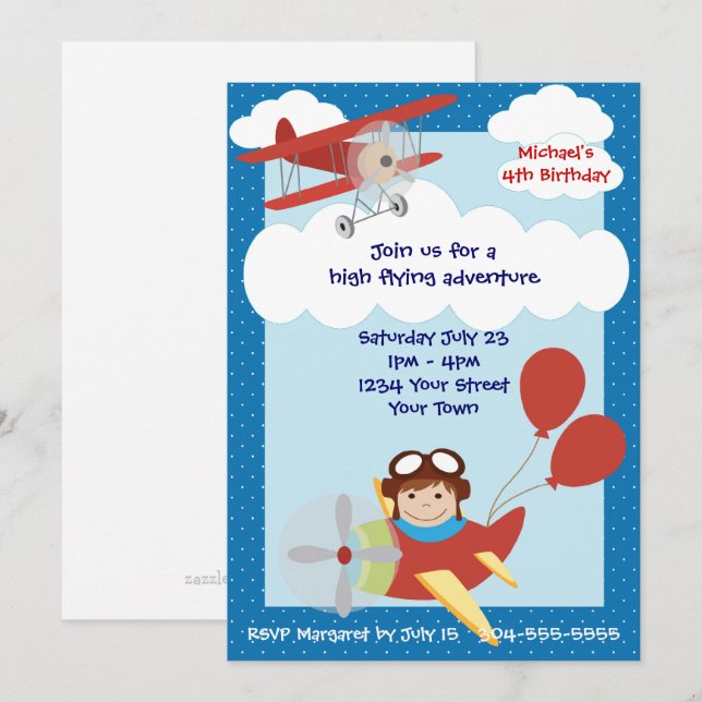 Invitación Partido de Cumpleaños de los Aviones para Niños (Anverso / Reverso)