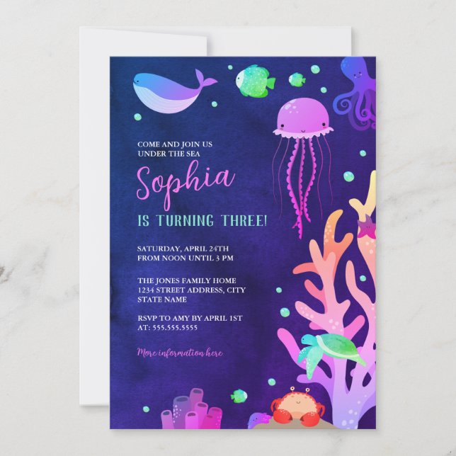Invitación Partido de Cumpleaños de los chicas bajo el mar (Anverso)