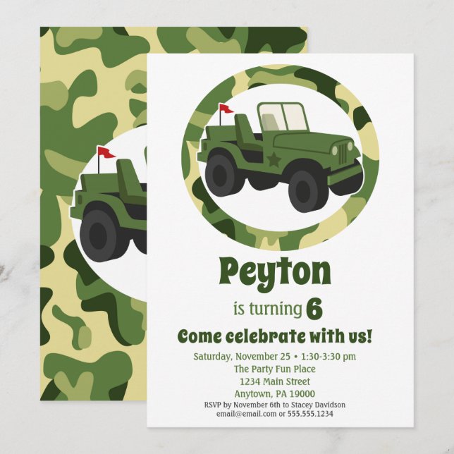 Invitación Partido de Cumpleaños de los Chicos Camo Militares (Anverso / Reverso)