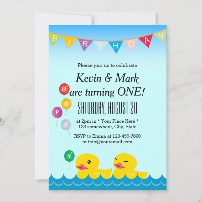 Invitación Partido de cumpleaños de los gemelos Cute Rubber D (Anverso)