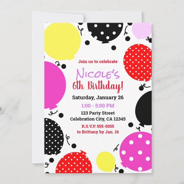 Invitación Partido de cumpleaños de los Globos de Punto de Po (Anverso)