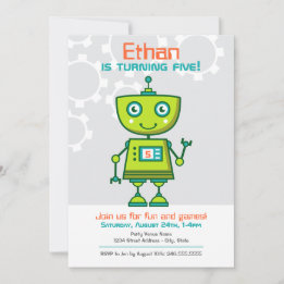 Invitación Partido de Cumpleaños de los Niños Robot Verde Mod