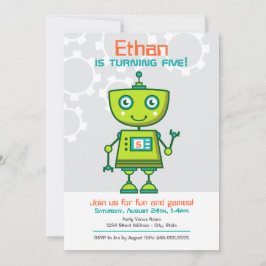 Invitación Partido de Cumpleaños de los Niños Robot Verde Mod