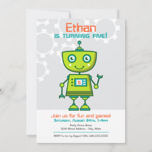 Invitación Partido de Cumpleaños de los Niños Robot Verde Mod
