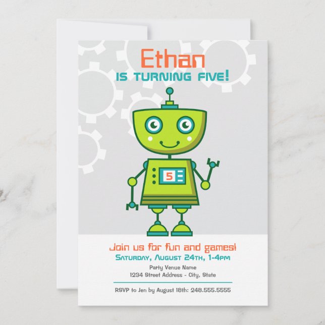 Invitación Partido de Cumpleaños de los Niños Robot Verde Mod (Anverso)