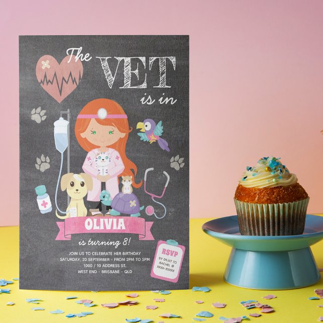Invitación Partido de Cumpleaños de los Ojos Verdes Redhead C (This girl’s vet birthday invitation is just the right medicine to your celebration!)