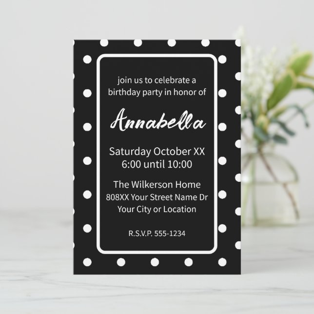 Invitación Partido de cumpleaños de los puntos de polka blanc (Anverso de pie)