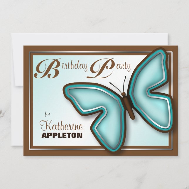 Invitación Partido de cumpleaños de mariposa turquesa marrón  (Anverso)