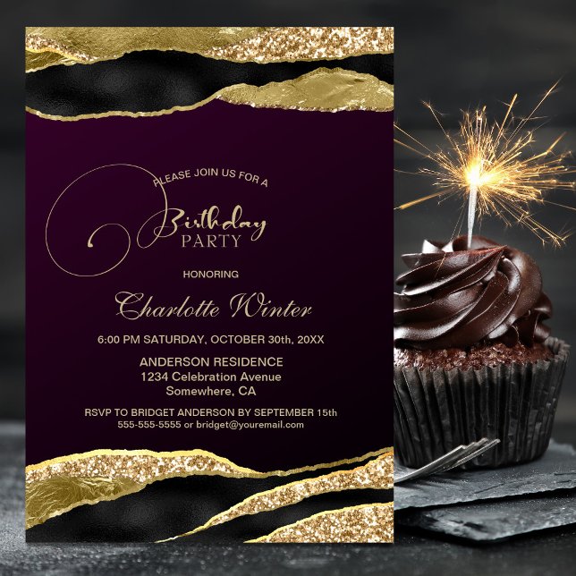 Invitación Partido de Cumpleaños de Mulberry Gold Purpurina (Subido por el creador)