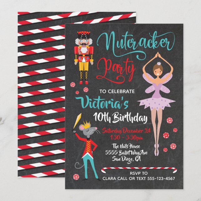 Invitación Partido de cumpleaños de Navidades de ballet desnu (Anverso / Reverso)