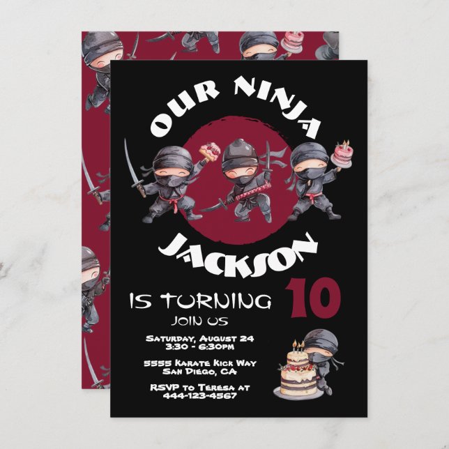 Invitación Partido de Cumpleaños de Ninja Karate Cake Warrida (Anverso / Reverso)