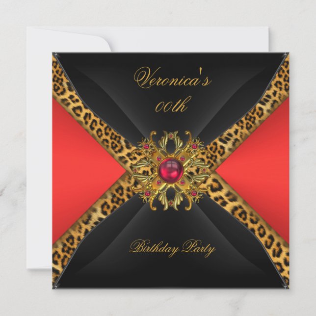 Invitación Partido de cumpleaños de Red Gold Black Leopard Je (Anverso)