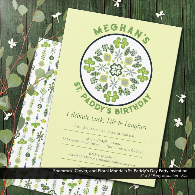 Invitación Partido de cumpleaños de Shamrock Clover Mandala S (Shamrock, Clover, and Floral Lucky Mandala: St. Paddy's Birthday Party Invitation)