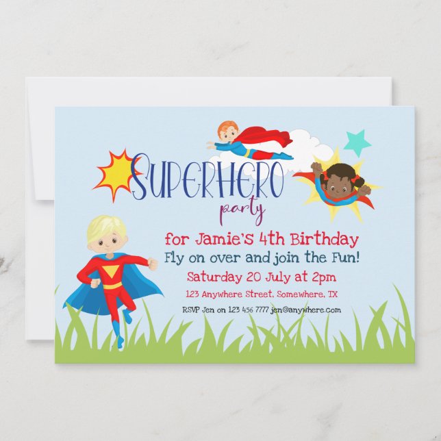 Invitación Partido de Cumpleaños de Superhéroe Boy/Chica (Anverso)