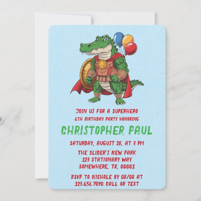 Invitación Partido de Cumpleaños de Superhéroes del Alligator (Anverso)