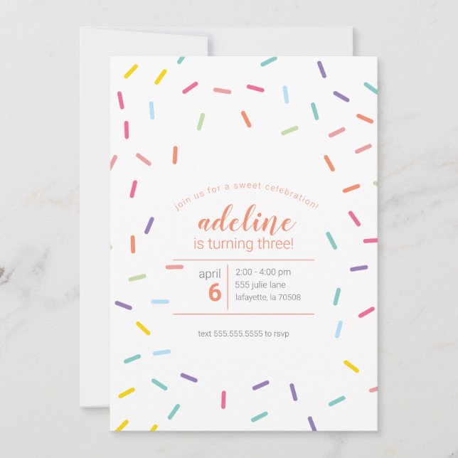 Invitación Partido de cumpleaños de Sweet Sprinkles (Anverso)