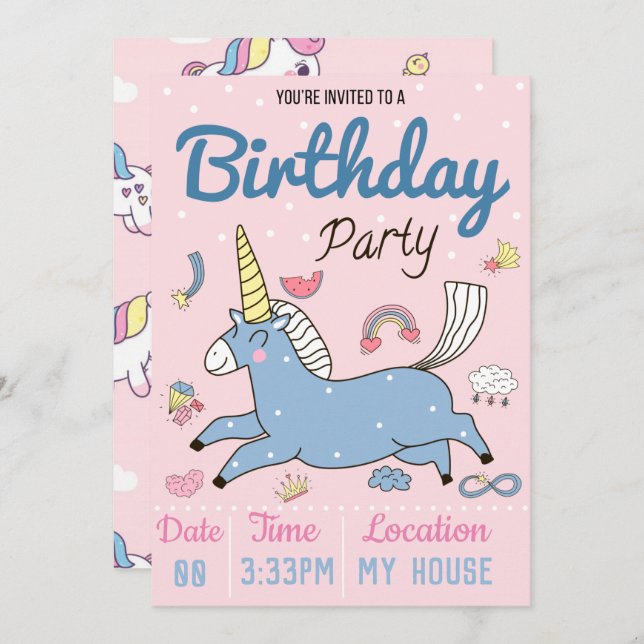 Invitación Partido de Cumpleaños de Unicornio (Anverso / Reverso)